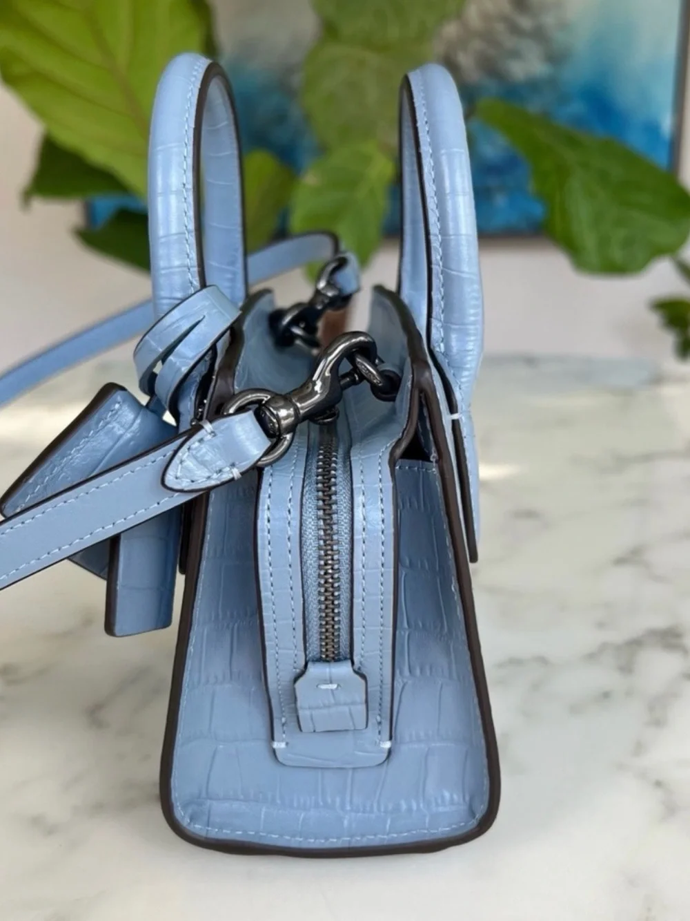 Coach Andrea Mini Carryall Crocodile Embossed Cornflower Blue Crossbody CR209